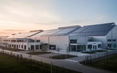 Ein modernes Industriegebäude mit Solaranlagen auf dem Dach bei Sonnenaufgang als Symbol für wirtschaftliche Investitionen. - Foto: über boerse-global.de