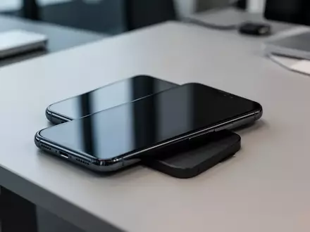 Ein modernes Smartphone liegt auf einem minimalistischen Schreibtisch mit ausgeschaltetem Bildschirm in einer Büroumgebung. - Foto: über boerse-global.de