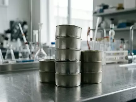 Mehrere leere Metalldosen auf einer Edelstahlfläche in einem Labor. - Foto: über boerse-global.de