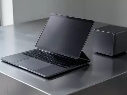 Ein schlankes, dunkles Laptop und ein kompakter Mini-PC auf einer modernen Metalloberfläche in einem professionellen Studio. - Foto: über boerse-global.de