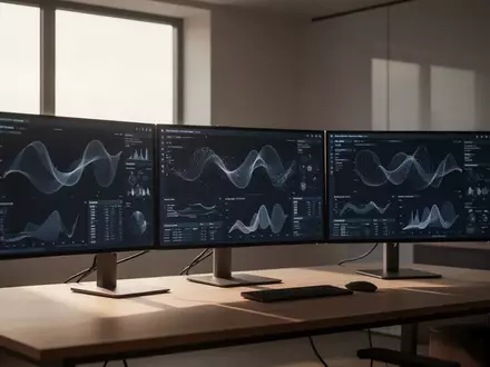 Ein moderner, minimalistischer Arbeitsplatz mit mehreren Monitoren, die abstrakte Datenvisualisierungen in einem hellen Büro zeigen. - Foto: über boerse-global.de