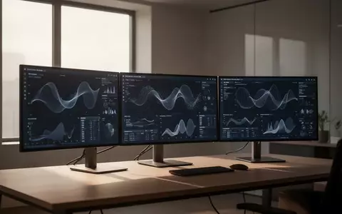 Ein moderner, minimalistischer Arbeitsplatz mit mehreren Monitoren, die abstrakte Datenvisualisierungen in einem hellen Büro zeigen. - Foto: über boerse-global.de