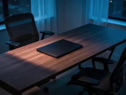 Ein unbesetzter, moderner Arbeitsplatz mit einem zugeklappten Laptop in einer schattigen Büroumgebung. - Foto: über boerse-global.de