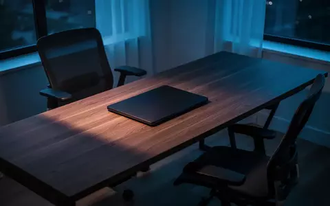 Ein unbesetzter, moderner Arbeitsplatz mit einem zugeklappten Laptop in einer schattigen Büroumgebung. - Foto: über boerse-global.de