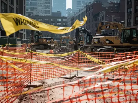 Abgesperrte Baustelle mit Bauzäunen und Absperrband in einem städtischen Umfeld als Symbol für Kampfmittelräumung. - Foto: über boerse-global.de