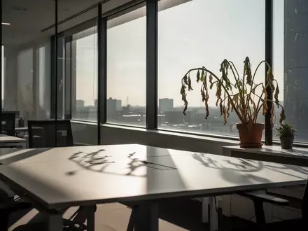 Ein leerer, sonnendurchfluteter Büroarbeitsplatz mit langen Schatten und einer verwelkten Pflanze am Fenster. - Foto: über boerse-global.de