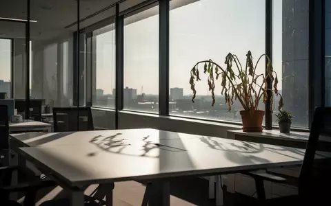 Ein leerer, sonnendurchfluteter Büroarbeitsplatz mit langen Schatten und einer verwelkten Pflanze am Fenster. - Foto: über boerse-global.de