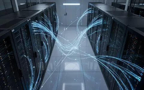 Moderne Serverinfrastruktur mit blauen Glasfaserkabeln als Symbol für digitale Zahlungsströme und KI-Netzwerke. - Foto: über boerse-global.de