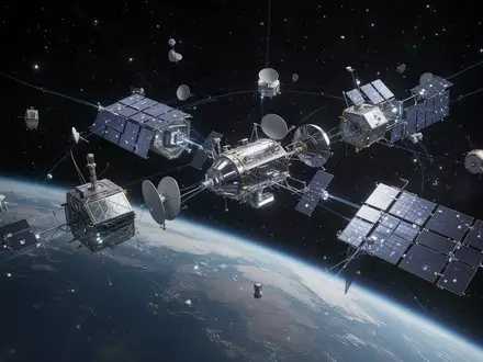 Hochmoderne Satellitenkonstellation im Weltraum als Symbol für globale Telekommunikation und Vernetzung. - Foto: über boerse-global.de