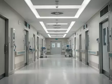 Ein leerer, steriler Krankenhausflur mit moderner technischer Ausstattung und heller, sachlicher Beleuchtung. - Foto: über boerse-global.de