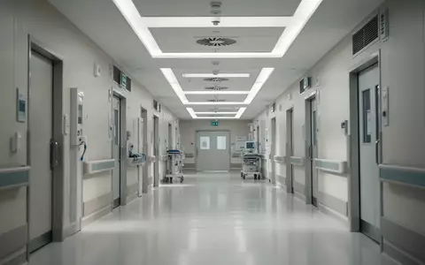 Ein leerer, steriler Krankenhausflur mit moderner technischer Ausstattung und heller, sachlicher Beleuchtung. - Foto: über boerse-global.de