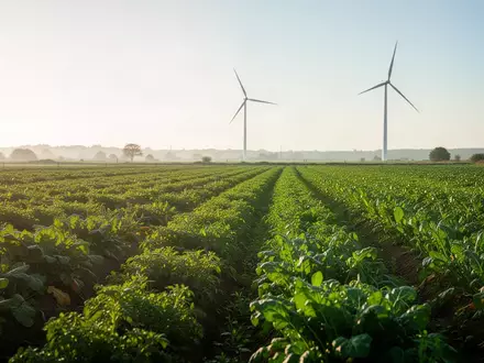 Ein sonnendurchflutetes, nachhaltig bewirtschaftetes Feld mit einem Windrad im Hintergrund als Symbol für Klimaschutz. - Foto: über boerse-global.de
