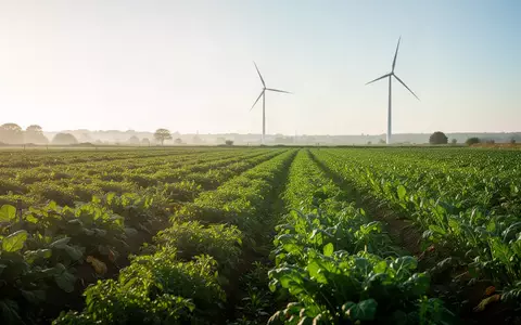 Ein sonnendurchflutetes, nachhaltig bewirtschaftetes Feld mit einem Windrad im Hintergrund als Symbol für Klimaschutz. - Foto: über boerse-global.de