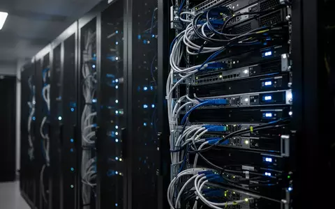 Reihen von Serverschränken in einem Rechenzentrum mit blauen Statusleuchten. - Foto: über boerse-global.de