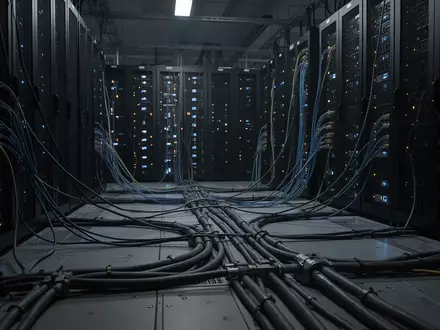 Dunkler Serverraum mit blinkenden Kontrollleuchten und vernetzten Kabelsträngen in einem Hochsicherheitsrechenzentrum. - Foto: über boerse-global.de