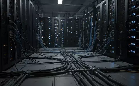 Dunkler Serverraum mit blinkenden Kontrollleuchten und vernetzten Kabelsträngen in einem Hochsicherheitsrechenzentrum. - Foto: über boerse-global.de