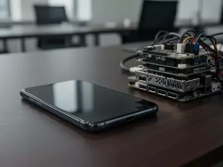 Ein Smartphone und technische Geräte auf einem Schreibtisch als Symbol für Cyberkriminalität und Online-Betrug. - Foto: über boerse-global.de