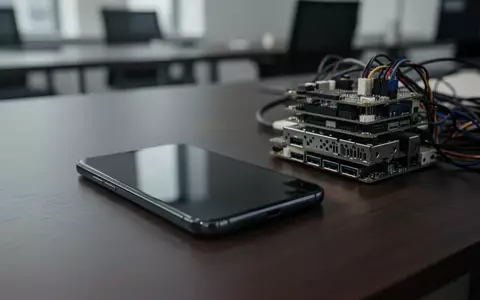 Ein Smartphone und technische Geräte auf einem Schreibtisch als Symbol für Cyberkriminalität und Online-Betrug. - Foto: über boerse-global.de