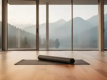 Ein minimalistischer, lichtdurchfluteter Yoga-Raum mit einer zusammengerollten Matte vor einem ruhigen Bergpanorama. - Foto: über boerse-global.de