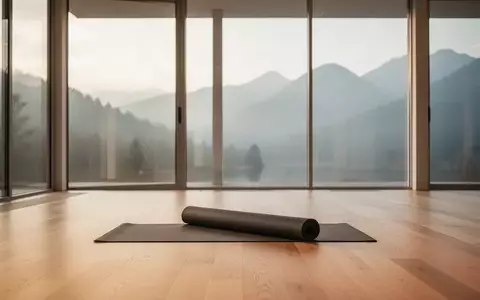 Ein minimalistischer, lichtdurchfluteter Yoga-Raum mit einer zusammengerollten Matte vor einem ruhigen Bergpanorama. - Foto: über boerse-global.de