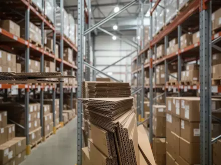Stapel von Versandkartons in einem modernen Logistikzentrum, die auf Lagerregalen gelagert sind. - Foto: über boerse-global.de