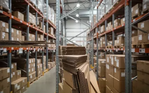 Stapel von Versandkartons in einem modernen Logistikzentrum, die auf Lagerregalen gelagert sind. - Foto: über boerse-global.de