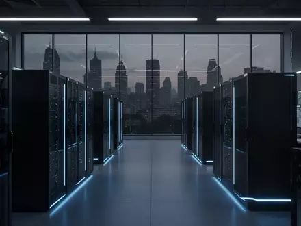 Ein modernes Cyber-Sicherheitszentrum mit Serverracks und blauer Beleuchtung vor einer dunklen Skyline in Mumbai. - Foto: über boerse-global.de