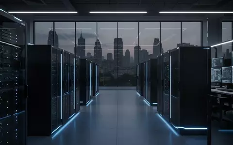 Ein modernes Cyber-Sicherheitszentrum mit Serverracks und blauer Beleuchtung vor einer dunklen Skyline in Mumbai. - Foto: über boerse-global.de