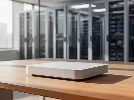 Moderne Telekommunikations-Hardware auf einem Schreibtisch vor einem verschwommenen Hintergrund eines Serverraums. - Foto: über boerse-global.de