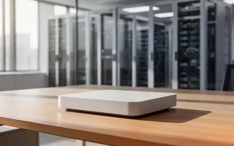Moderne Telekommunikations-Hardware auf einem Schreibtisch vor einem verschwommenen Hintergrund eines Serverraums. - Foto: über boerse-global.de