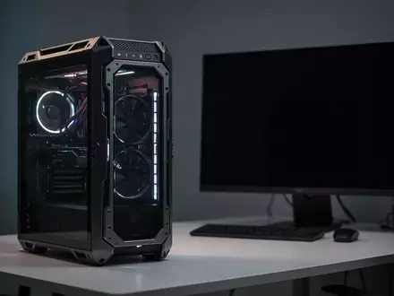 Ein moderner Gaming-PC auf einem minimalistischen Schreibtisch mit einem schwarzen, ausgeschalteten Monitor im Hintergrund. - Foto: über boerse-global.de