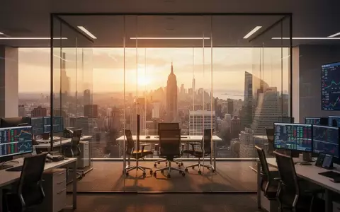 Ein moderner Finanzhandelsplatz mit Blick auf eine Skyline bei Sonnenuntergang. - Foto: über boerse-global.de