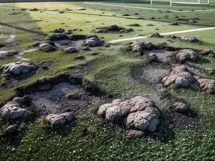 Durch Hitze beschädigter Kunstrasen mit verklumptem Granulat auf einem gesperrten Sportplatz. - Foto: über boerse-global.de