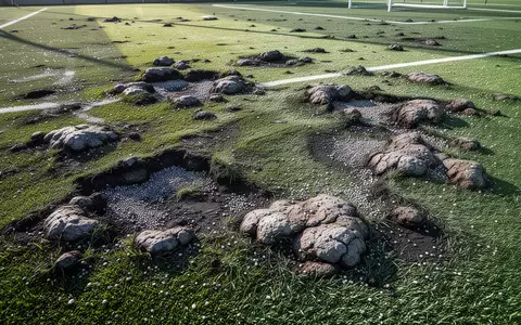 Durch Hitze beschädigter Kunstrasen mit verklumptem Granulat auf einem gesperrten Sportplatz. - Foto: über boerse-global.de