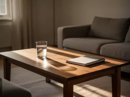 Ein ruhiger, leerer Wohnraum mit einem schlichten Holztisch, auf dem ein Glas Wasser und ein geschlossenes Notizbuch stehen. - Foto: über boerse-global.de