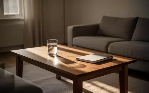 Ein ruhiger, leerer Wohnraum mit einem schlichten Holztisch, auf dem ein Glas Wasser und ein geschlossenes Notizbuch stehen. - Foto: über boerse-global.de