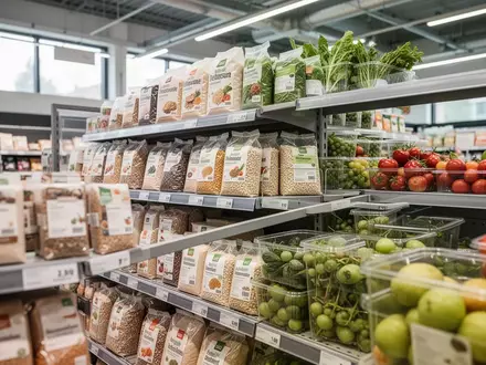 Ordentlich sortierte Regale mit Lebensmittelverpackungen in einem modernen Supermarkt. - Foto: über boerse-global.de