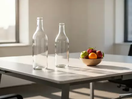 Eine leere Glasflasche und eine Schale mit frischem Obst auf einem modernen Bürotisch in einem hellen Raum. - Foto: über boerse-global.de