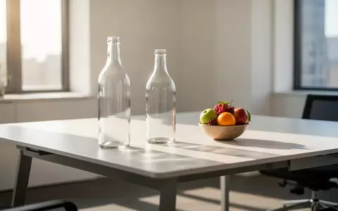 Eine leere Glasflasche und eine Schale mit frischem Obst auf einem modernen Bürotisch in einem hellen Raum. - Foto: über boerse-global.de