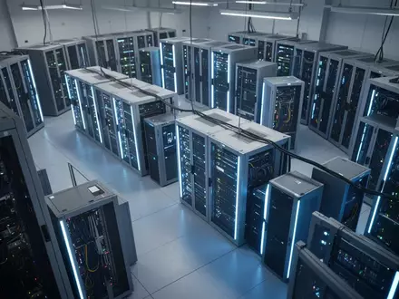 Moderne Serverinfrastruktur in einem Rechenzentrum mit blau leuchtenden LED-Anzeigen. - Foto: über boerse-global.de