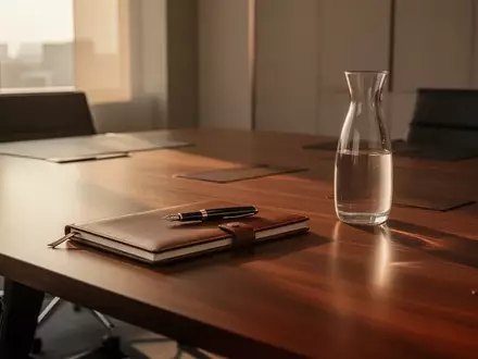Ein minimalistischer Konferenztisch mit einem Notizbuch und einem Füllfederhalter in einem hellen, modernen Büro. - Foto: über boerse-global.de
