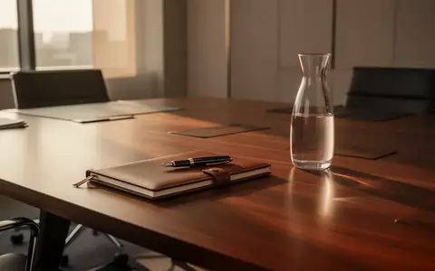 Ein minimalistischer Konferenztisch mit einem Notizbuch und einem Füllfederhalter in einem hellen, modernen Büro. - Foto: über boerse-global.de