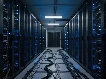 Reihen von dunklen Server-Racks in einem modernen Rechenzentrum mit blauen Statusleuchten in einer sterilen Umgebung. - Foto: über boerse-global.de