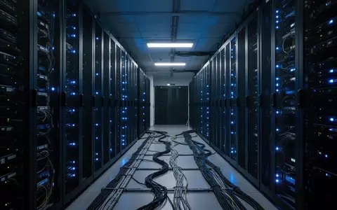 Reihen von dunklen Server-Racks in einem modernen Rechenzentrum mit blauen Statusleuchten in einer sterilen Umgebung. - Foto: über boerse-global.de