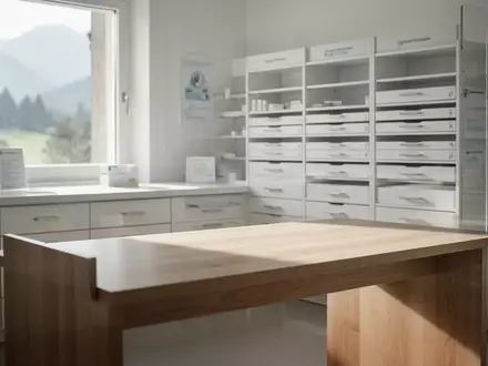 Ein minimalistischer Apothekentresen in einer ländlichen Arztpraxis mit ordentlich sortierten Medikamentenschubladen. - Foto: über boerse-global.de