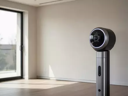 Modernes, minimalistisches Fitnessstudio zu Hause mit einem hochmodernen Bewegungssensor-Kamerasystem an der Wand. - Foto: über boerse-global.de