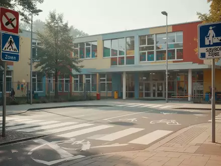 Ein leerer Fußgängerüberweg an einer Berliner Grundschule bei Tageslicht mit deutlich sichtbaren Bodenmarkierungen. - Foto: über boerse-global.de