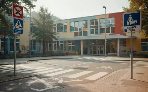Ein leerer Fußgängerüberweg an einer Berliner Grundschule bei Tageslicht mit deutlich sichtbaren Bodenmarkierungen. - Foto: über boerse-global.de
