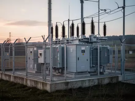 Moderne Mittelspannungsstation auf einem eingezäunten Industriegelände bei Dämmerung. - Foto: über boerse-global.de