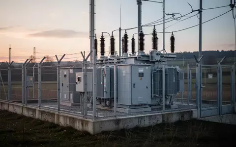 Moderne Mittelspannungsstation auf einem eingezäunten Industriegelände bei Dämmerung. - Foto: über boerse-global.de